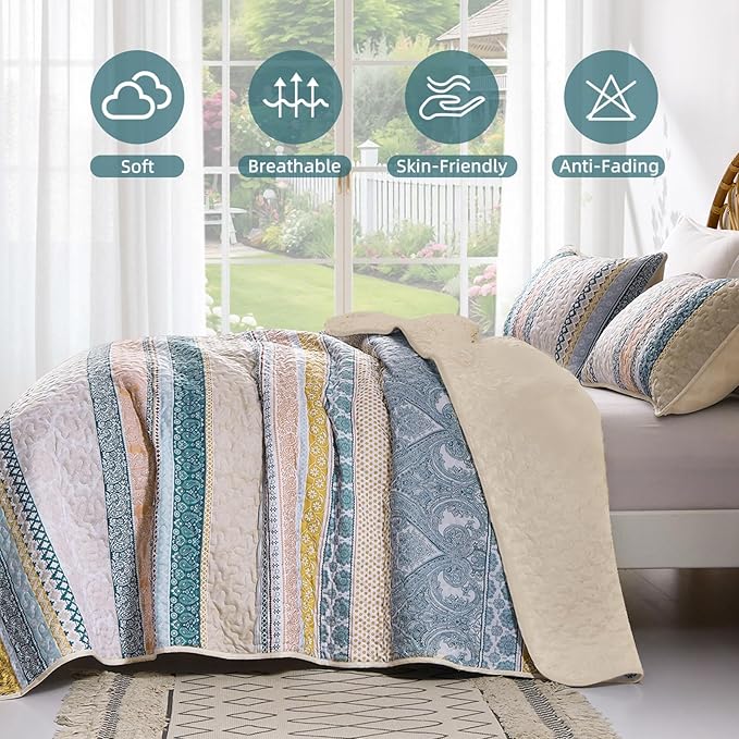 WONGS BEDDING Boho Quilt Set Full Size, Yellow Bohemian 3 Pieces Fall Quilt Sets, Blue Lightweight Bedspread Coverlet Bedding Set for All Season (78"x90")