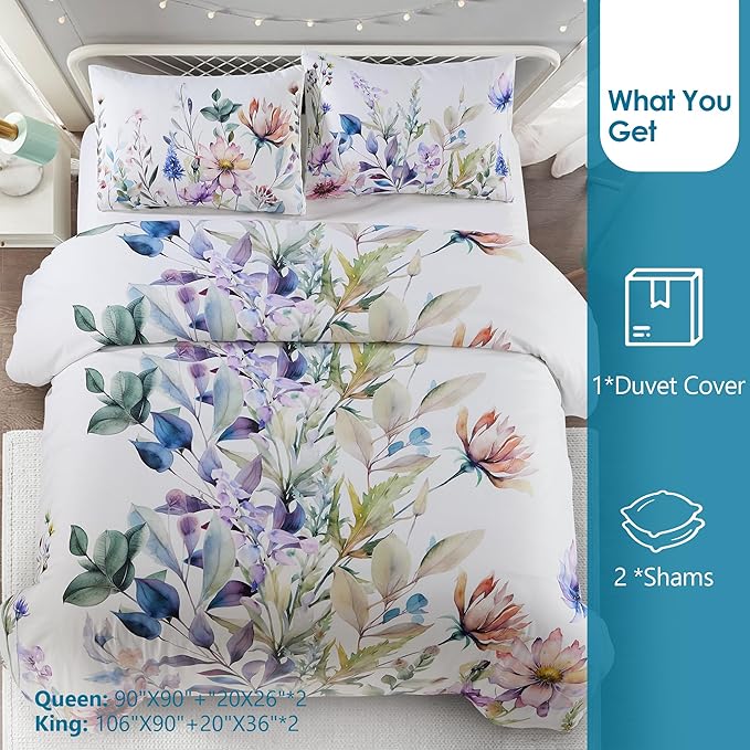 Style Quarters Duvet Cover King-3PCS Washed Microfiber Duvet Cover Set Includes 1 Duvet and 2 Pillow Shams Meadow-Floral Bedding Set Soft King Size Duvet Cover with Zipper Closure Corner Ties