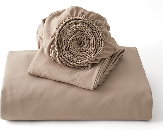 Bedsure California King Size Duvet Cover with Fitted Sheet - 4 Pieces Prewashed Polyester Extra Soft Bedding Set, Includes 1 Duvet Cover 104x98 Inches, 2 Pillow Shams, 1 Fitted Sheet, Deep Beige