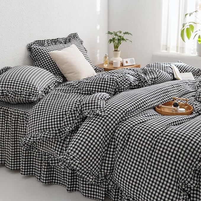 mixinni Black White Gingham Ruffle Duvet Cover Twin Size 3 Pieces – 100% Washed Cotton, Vintage Plaid Ruffled Bedding Set with Zipper Ties, Soft Checkered Grid Farmhouse Chic Comforter Cover Set