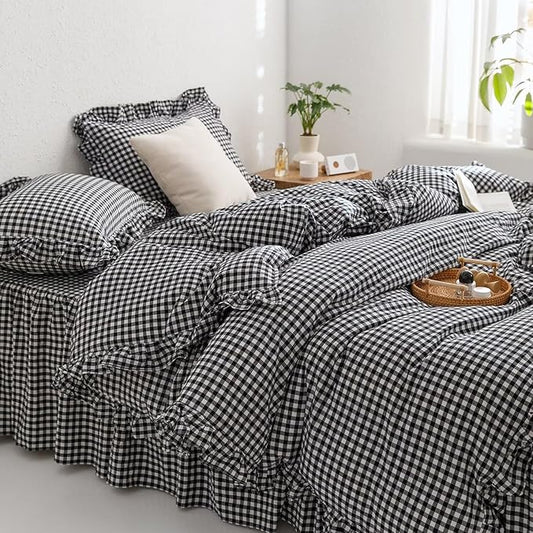 mixinni Black White Gingham Ruffle Duvet Cover Twin Size 3 Pieces – 100% Washed Cotton, Vintage Plaid Ruffled Bedding Set with Zipper Ties, Soft Checkered Grid Farmhouse Chic Comforter Cover Set