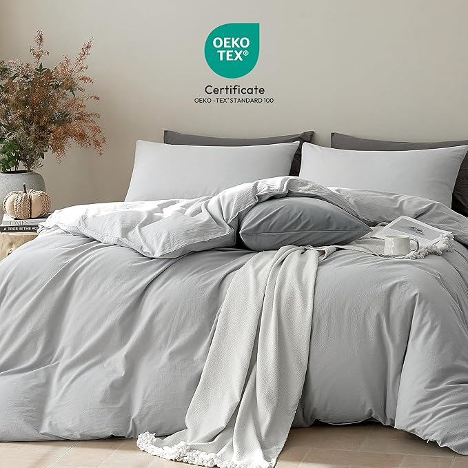 JELLYMONI Duvet Cover King Size - Washed Cotton Comforter Cover with Linen-Like Texture,Breathable & Soft Bedding for Modern Home,Guest Room and Everyday Use,Pale Grey 1 Duvet Cover & 2 Pillowcases