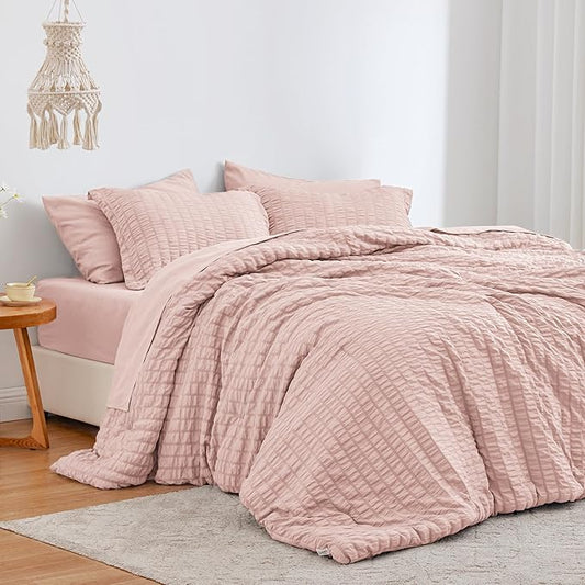 Love's cabin Seersucker Pink King Size Comforter Set, 7-Piece All Season Lightweight Bed in a Bag Bedding Set with Comforter, Flat Sheet, Fitted Sheet, Pillowcases and Shams | Soft, Breathable, Lightweight