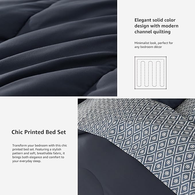 Monbix Full Size Comforter Set - 7 Pieces Bed in a Bag Full, Blue Grey Track Stitching Bedding Sets with Comforter, All Seasons Comforter Bed Set with Sheets, Pillowcases & Shams