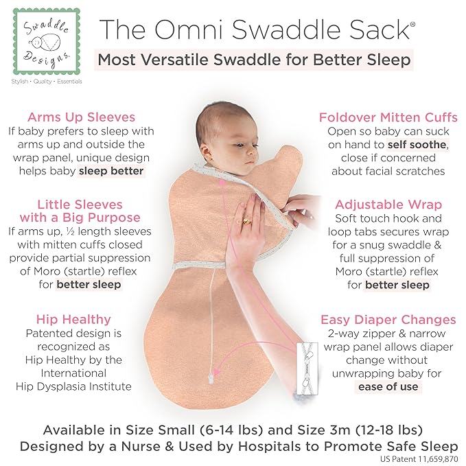 SwaddleDesigns 6-Way Omni Swaddle Sack, Arms Up Swaddle for Newborn, More Options to Calm Startle Reflex, Improves Sleep, 12-18 lbs, Heathered Peach Blush