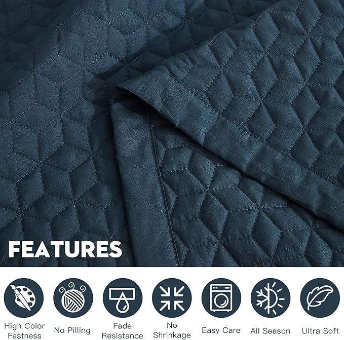 Oversized King Bedspread 128x120 Extra Wide, Modern & Contemporary Look, Lightweight Bedding Cover, Reversible, 5 Piece, 100% Microfiber, Navy Blue