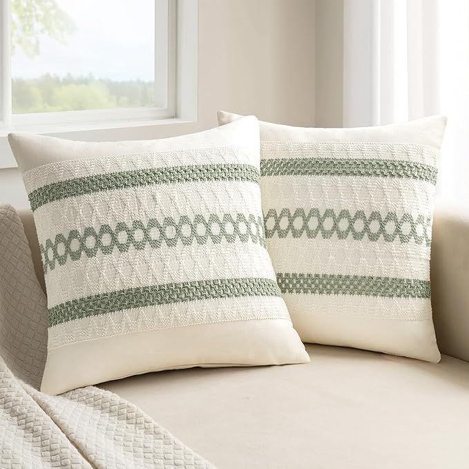 MIULEE Set of 2 Sage Green Boho Decorative Pillow Covers 16x16 Inch Farmhouse Rustic Couch Throw Pillows Modern Cotton Cushion Covers Retro Cute Macrame Woven Spring Home Decor for Bed Sofa Chair