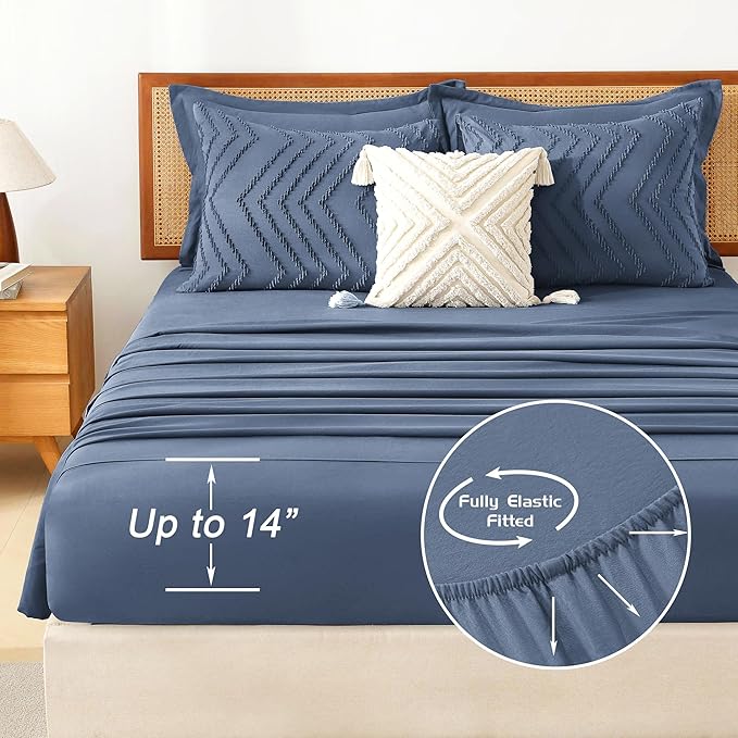 Litanika Full Size Comforter Set with Sheets Ocean Blue - 7 Pieces Bed in a Bag Full Chevron Tufted Complete Bedding Sets with Comforter, Sheets, Pillowcases & Shams