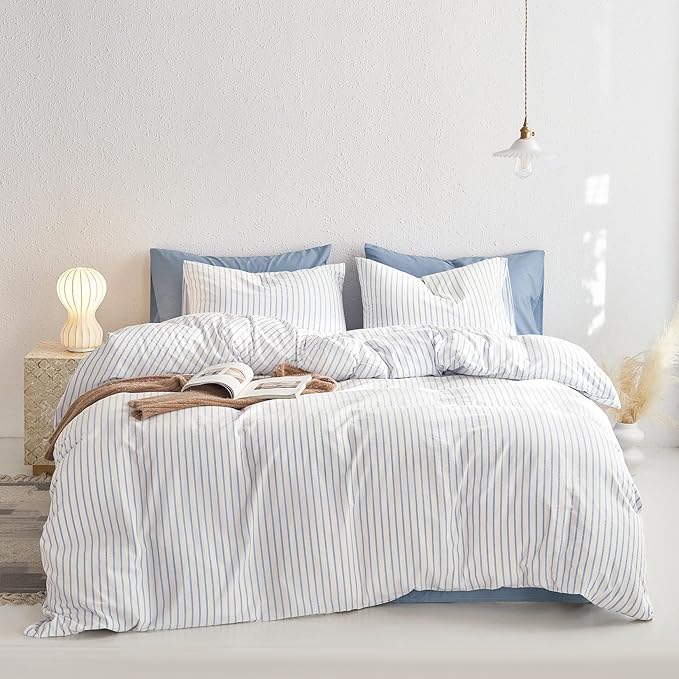 Wake In Cloud - Striped Cotton Duvet Cover Set, Ticking Stripe Vertical Pinstripe Farmhouse, 100% Washed Cotton Textured Percale Bedding Set, 3 Pieces, Blue White, King Size