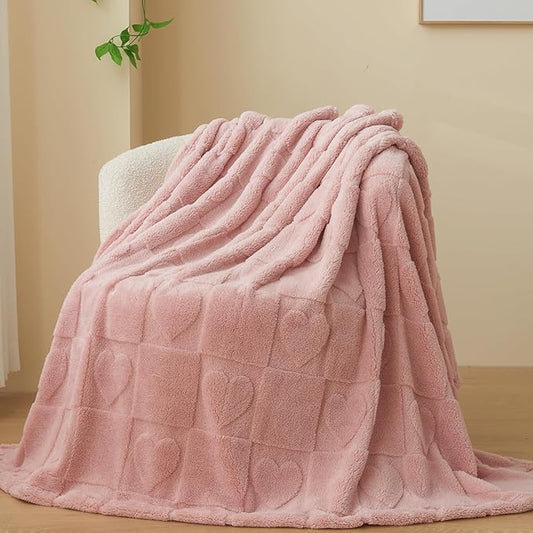 NEWCOSPLAY Super Soft Twin Blanket Pink Love Premium Silky Flannel Fleece 3D Heart Checkered Lightweight Bed Blanket All Season Use (Pink Love, Twin(60"x80"))