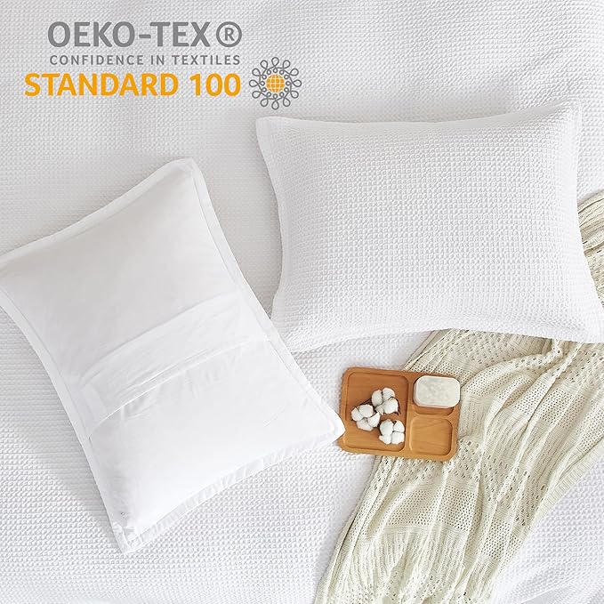 SE SOFTEXLY Waffle Duvet Cover King, 100% Cotton Waffle Weave Bedding Duvet Cover Set, Soft and Breathable Comforter Cover for All Season, 3 Pieces Including Pillow Shams（White, 104”x90”）