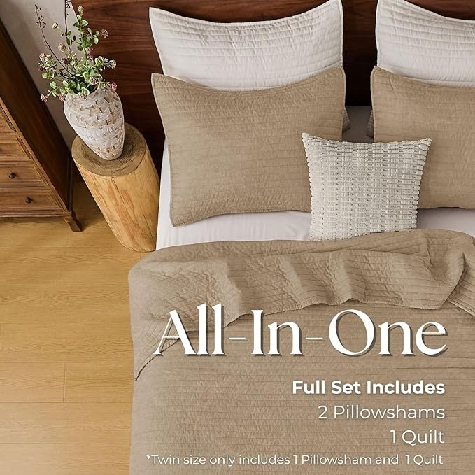 DOWN HOME Twin Quilt Bedding Set with Sham, Vintage Washed Soft Quilted Blanket Thin Comforter Lightweight Bedspread Coverlet Bed Cover, Brushed Microfiber Stripe Stitching, Brown, 66"x92"