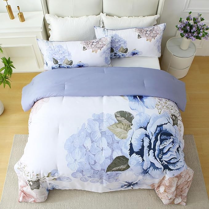 Floral Comforter Set Queen Size, 3 Pieces Elegant Blue Floral Bed in a Bag, Soft Microfiber Botanical Flower Bedding Set with 2 Pillowcases for All Season 90"×90"