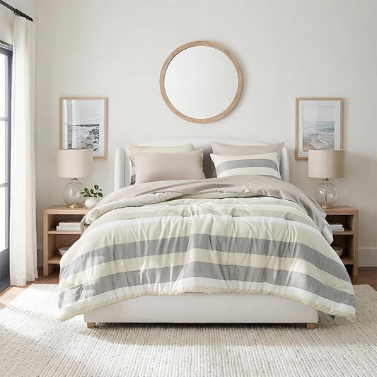 Full Size Modern Striped Comforter Set, Lightweight Soft Microfiber Bedding Sets for All Season 7 Pieces Bed in A Bag Set with Comforter, Sheets, Pillowcases & Shams, Neutral