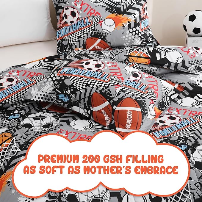 Yibeizi Grey Sports Comforter Set for Boys Twin, Kids Football Basketball Baseball Printed Bedding Set with Pillow Sham, Cute Lightweight Soft Breathable Machine Washable Quilted Bed Comforter