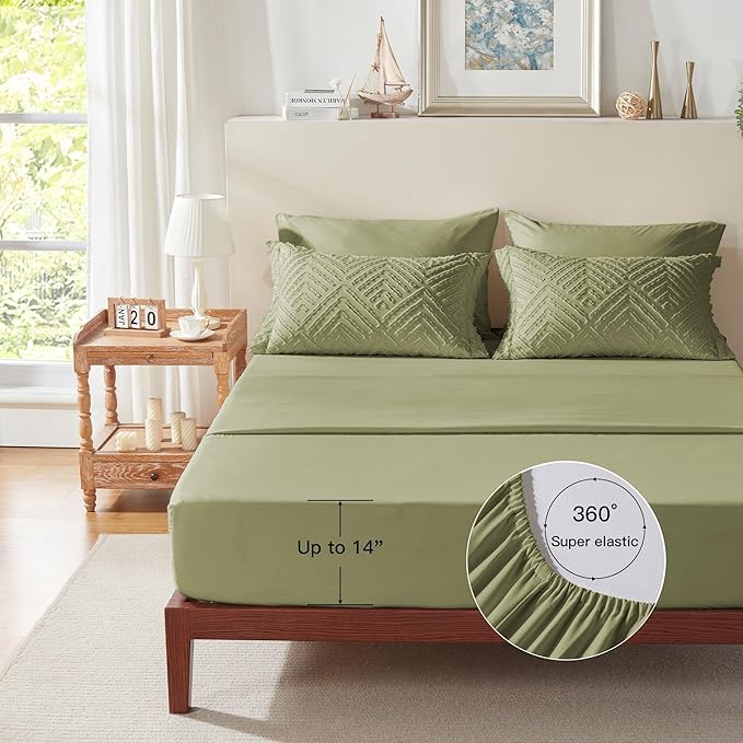 Zzlpp Twin Comforter Set 5 Pieces, Army Green Tufted Bed in a Bag with Comforter and Pillowcase, All Season Boho Bedding Sets with 1 Comforter, 1 Pillow Sham, 1 Flat Sheet, 1 Fitted Sheet