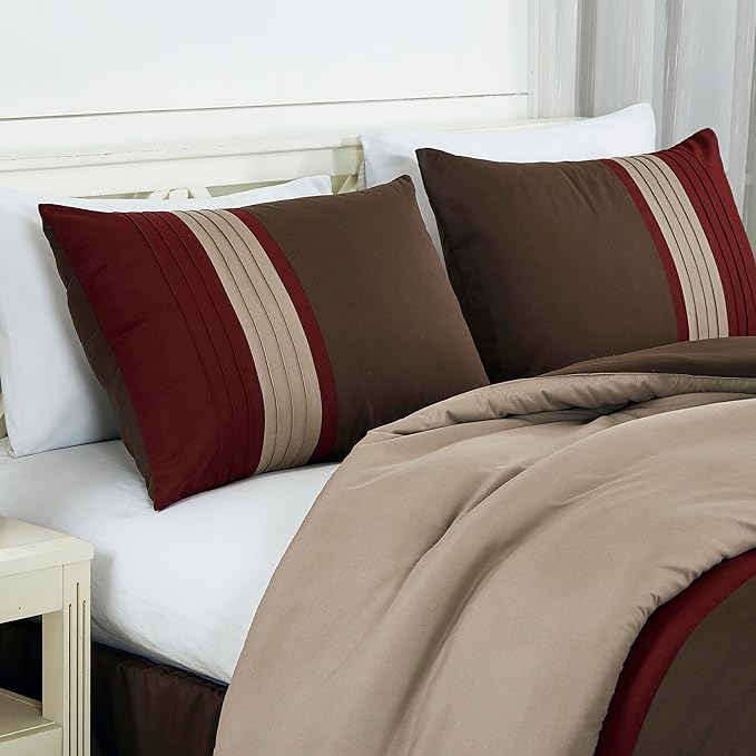 Chezmoi Collection Napa 7-Piece Luxury Leaves Scroll Embroidery Bedding Comforter Set (Oversized King, Burgundy/Taupe/Brown)