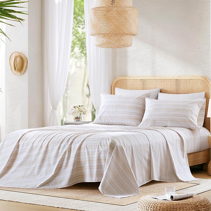 Comfort Spaces 100% Cotton Sheets Full, Breathable, Naturally Cool Cotton Sheets, Cotton Bed Sheets with 14" Elastic Pocket Fits up to 16" Mattress, All Seasons Sheet Set, Good Vibes Taupe 4 Piece