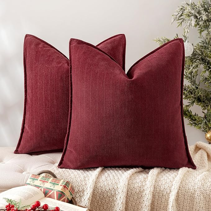 MIULEE Pack of 2 Burgundy Decorative Pillow Covers 24x24 Inch Soft Chenille Luxurious Couch Throw Pillows Farmhouse Cushion Covers Euro Shams with Elegant Design for Sofa Bed Home Decor