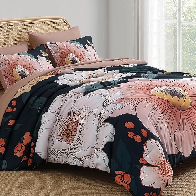 Xruibed Queen Comforter Set Blue Floral Comforter Queen Size 7 Pieces Bed in a Bag Flower Bedding Comforter Sets Lightweight Boho Bed Set with Sheet,Pillowcases&Shams for All Season