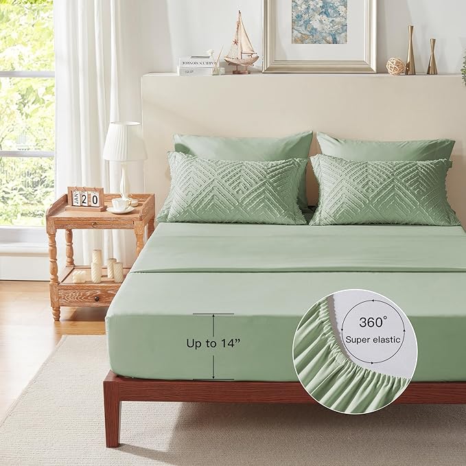 Zzlpp Queen Comforter Set 7 pieces, Sage Green Tufted Bed in a Bag with Comforter and Sheets, All Season Boho Bedding Sets with 1 Comforter, 2 Pillow Shams, 2 Pillowcases, 1 Flat Sheet, 1 Fitted Sheet