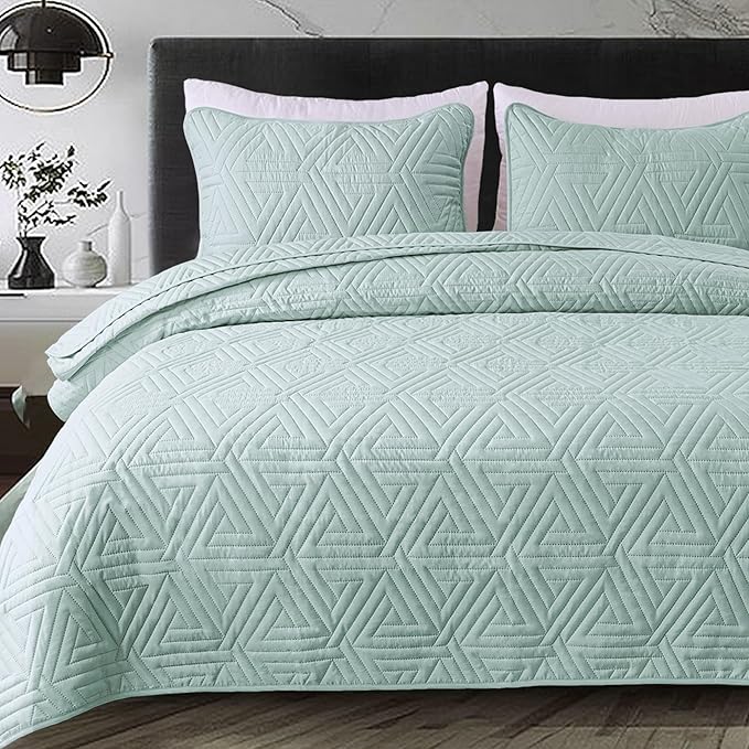 Whale Flotilla Soft Queen Size Quilt Set for All Seasons, 3-Piece Ultrasonic Geometric Quilts Bedding Set, Lightweight Reversible Bedspread, Coverlet, Bed Cover with 2 Pillow Shams, Aqua Blue