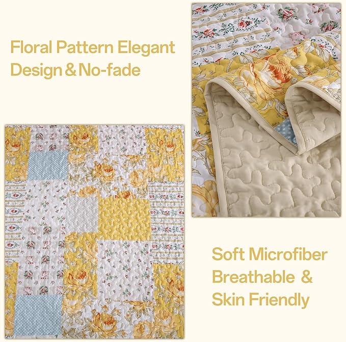 Anibedding Yellow Patchwork Quilt Set King Size Boho Floral Plaid Bedspread Coverlet Set, Soft Microfiber Bedding Set Summer Bed Cover, Yellow & Blue Patchwork Farmhouse Bedspread for All Season