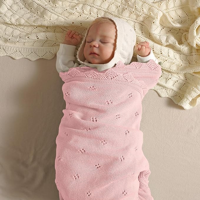 mimixiong Cotton Baby Blanket Knitted Crochet Receiving Crib Nursery Swaddling Blankets for Newborn Baby Boy Girl Pastel Pink 30x40 Inch (Pack of 1)…