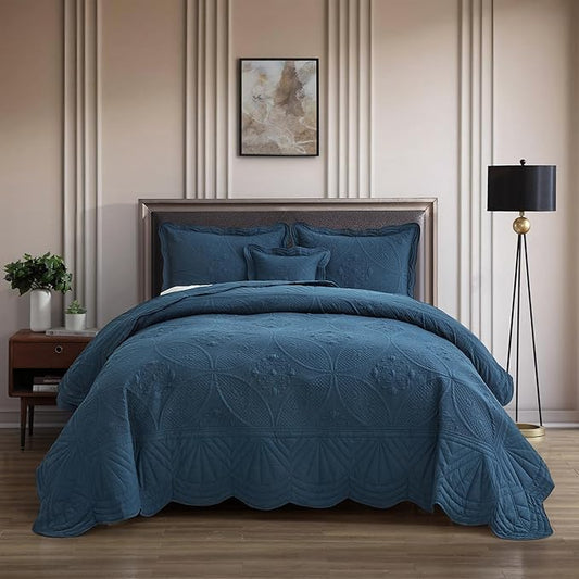 Bedspread - Full Size Bedding Cover - Modern & Contemporary Coverlet Set, Real Stitching, Reversible, Lightweight, 5 Piece, Navy