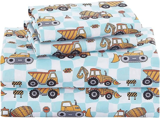 Kids Sheet Set Full Size, Full Sheet Set with Grid Excavator Pattern，Breathable Silky Soft Microfiber Kids Fitted Sheet