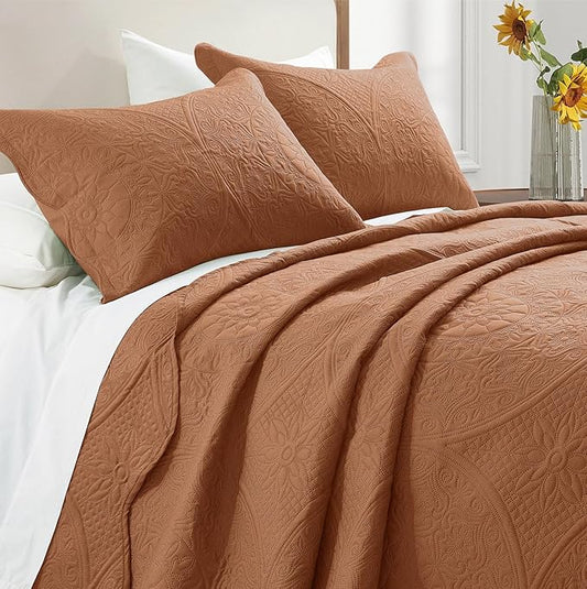 IR Imperial Rooms California King Quilt Bedding Set Size (118"x106") + 2 Pillow Shams (20" x 36"+ 2") - 3 Pcs All Season Reversible Microfiber Coverlet Embossed Floral Quilt Bedspread (Rust)