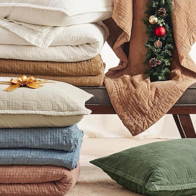 EVERGRACEHOME Stonewashed Cotton Quilt Set King Size, Ultra Soft Oversized Bedspread Coverlet Set, Lightweight Crinkle Box Stitch Bedding Sets for All Season, with 2 Shams, Ivory White