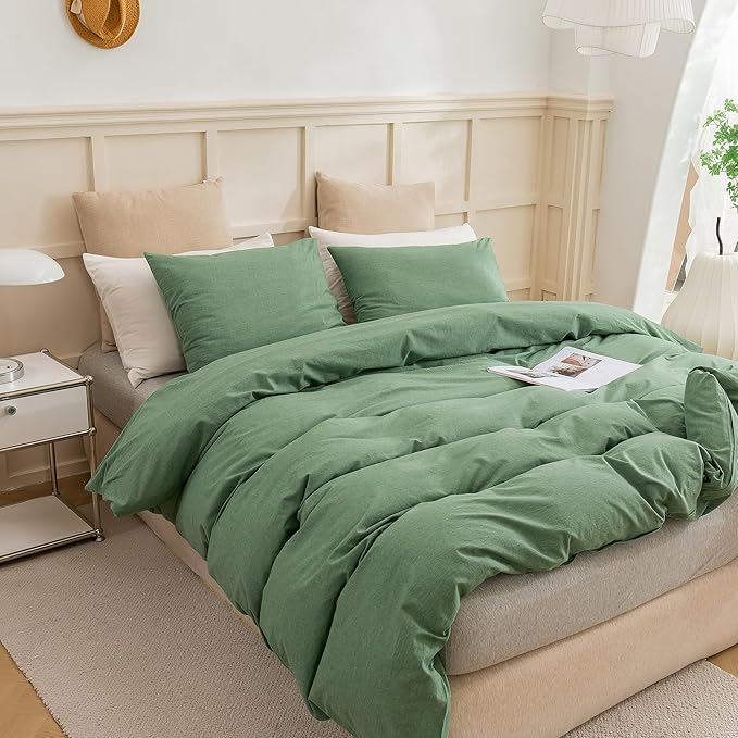 ECOCOTT 68''x90'' Sage Green Duvet Cover Twin Size - 100% Washed Cotton Durable Soft Comfy Duvet Cover Set, 3 Pieces Duvet Cover with Zipper Closure