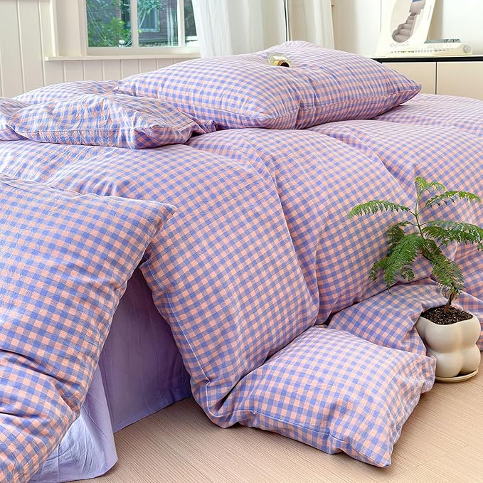 LifeTB Purple Grid Duvet Cover Set King 3 Pieces Plaid Checkered Comforter Cover Washed Cotton Plaid Bedding Set Buffalo Grid Comforter Cover with Zipper Closure Soft Breathable Quilt Cover King