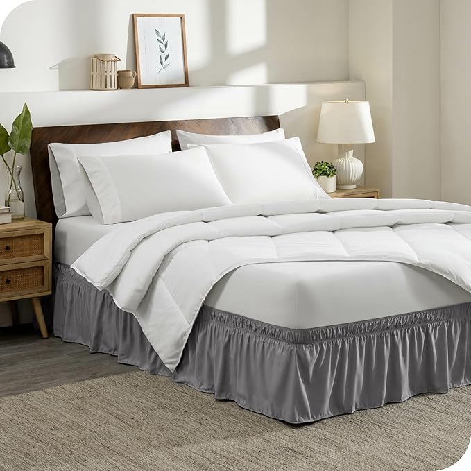 Bare Home Wrap Around Bed Skirt - for Twin Size Beds with 15 inch Tailored Drop - Easy Fit Elastic Strap - Adjustable and Ruffled Style - Wrinkle, Fade, and Stain Free (Twin, Light Grey)