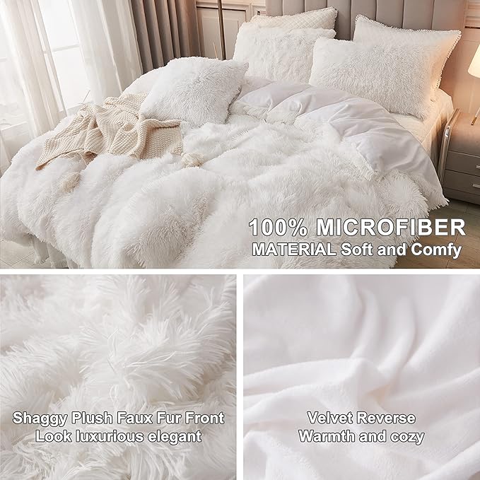 annadaif Plush Shaggy Duvet Cover, White Fluffy Comforter Cover Set Full Size, Fuzzy Faux Fur Bedding Set with Zipper Closure, Luxury Ultra Soft 3 Pieces (1 Duvet Cover, 2 Pillowcases)