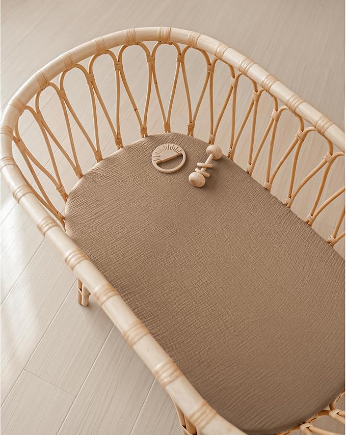 Konssy 2 Pack Muslin Bassinet Sheets for Boys, Girls, 100% Cotton Soft Breathable Fitted Bassinet Mattress Sheet, 32 x 16 inches (Brown,Summer Wheat)