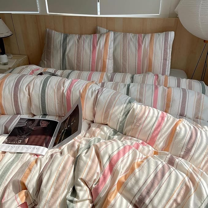 Multicolor Striped Duvet Cover Twin, 100% Washed Cotton Colorful Stripes Pattern Printed Bedding Set, 3 Pieces Soft Breathable Comforter Cover with Zipper Closure, Retro Striped Farmhouse Bedding Set