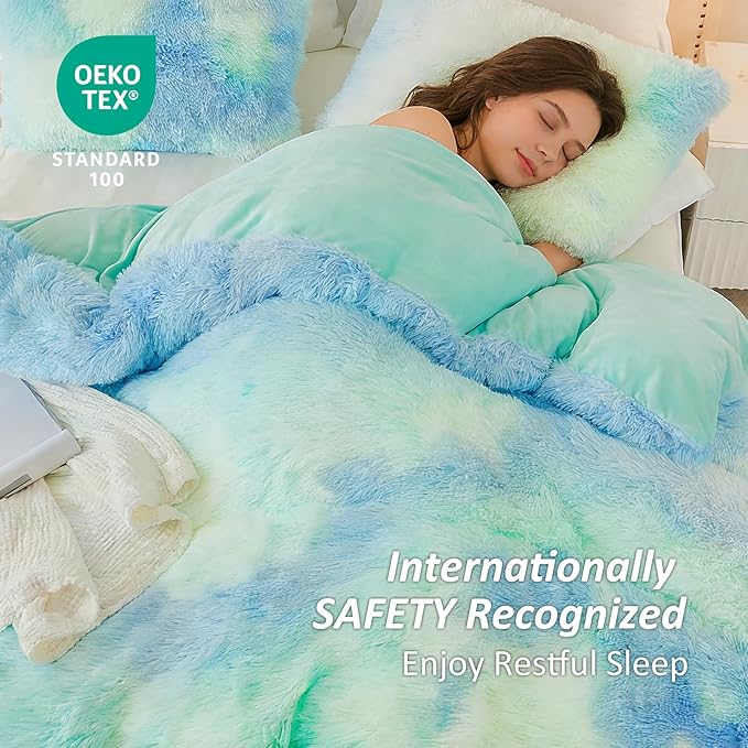 EMME Luxury Blue Fuzzy Duvet Cover Set Twin Size Fluffy Comforter Cover Set 2 Pieces Shaggy and Plush Soft Bedding Duvet Covers (Tie Dye Blue, Twin)