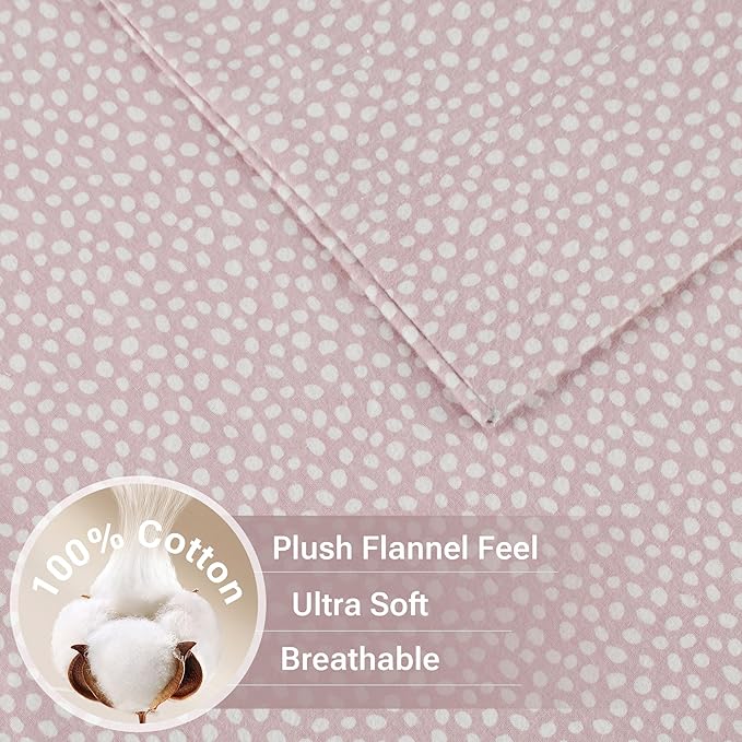 True North by Sleep Philosophy Cozy Flannel Warm 100% Cotton Sheet - Novelty Print Animals Stars Cute Ultra Soft Cold Weather Bedding Set, Full, Blush Dots 4 Piece