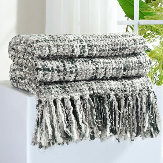 Multi-Color Grey Cable Knitted Throw Blanket for Couch,60"X80" Boho Style Textured Blankets for Home Decor,Super Soft Warm Cozy Chunky Knit Blanket with Decorative Tassels for Bed and Sofa