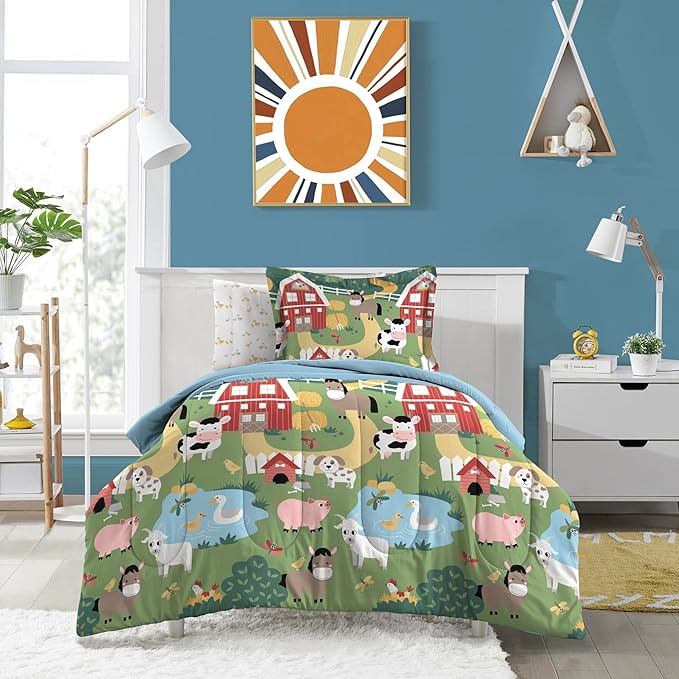 Dream Factory Kids 5-Piece Complete Bed Set Easy-Wash Super Soft Microfiber Comforter Bedding, Twin, Multi Barnyard Animals