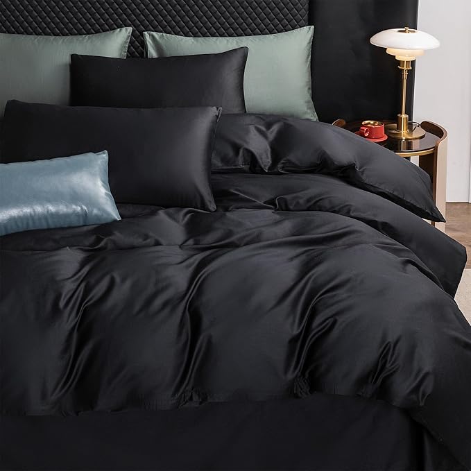 MooMee Duvet Cover Set 100% Extra Long Staple Cotton 600 Thread Count Silky Sateen Smooth Luxury Soft Breathable Durable Hotel Quality Bedding, 3 Pieces (Black,California King 104"x98")