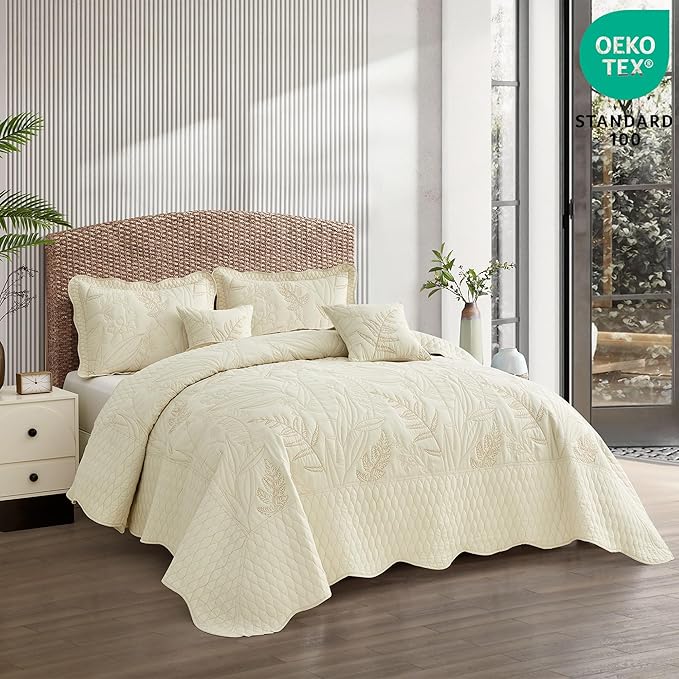 Botanical Bedspread Full Size - Leaves Pattern Stitching Quilt Set - Elegant & Fresh Style Bedding Coverlets, Reversible, Lightweight, 5 Piece, Ivory