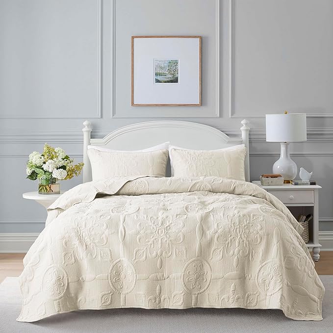 Ivory Damask Quilt Twin Size Bedding Sets with 1 Pillow Sham, Cream Boho Bedspread Lightweight Soft Farmhouse Vintage Bohemian Coverlet Retro Jacquard Pattern Bed Cover for All Season, 2 Pieces