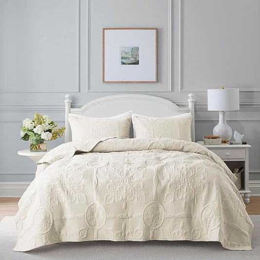 Ivory Damask Quilt Twin Size Bedding Sets with 1 Pillow Sham, Cream Boho Bedspread Lightweight Soft Farmhouse Vintage Bohemian Coverlet Retro Jacquard Pattern Bed Cover for All Season, 2 Pieces