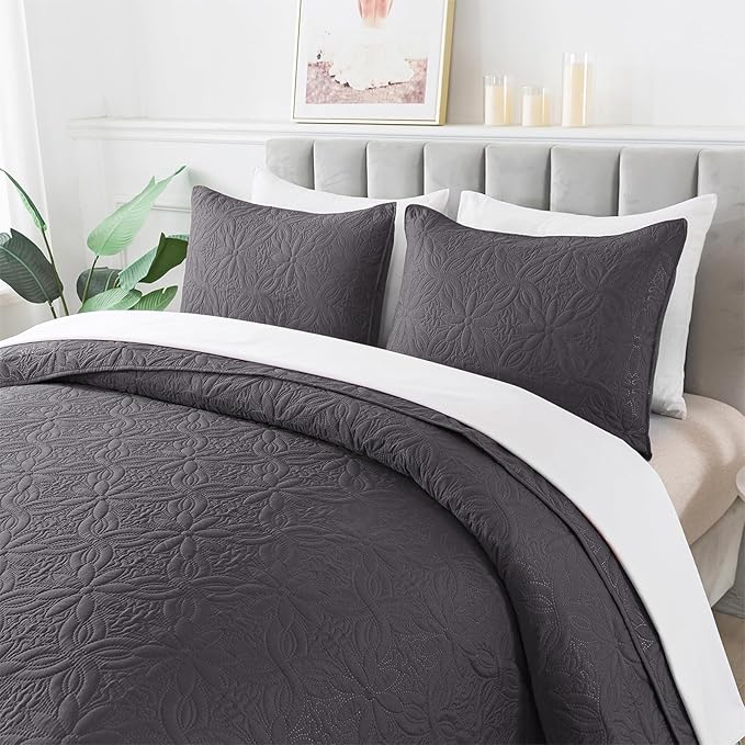 JML Quilts Set, Bedspread Coverlet Set with Pillowcases - 3 Piece Soft and Lightweight Bed Quilt for Spring, Autumn and Summer (Embossed Pattern - Dark Grey, Full/Queen(88"x92"))