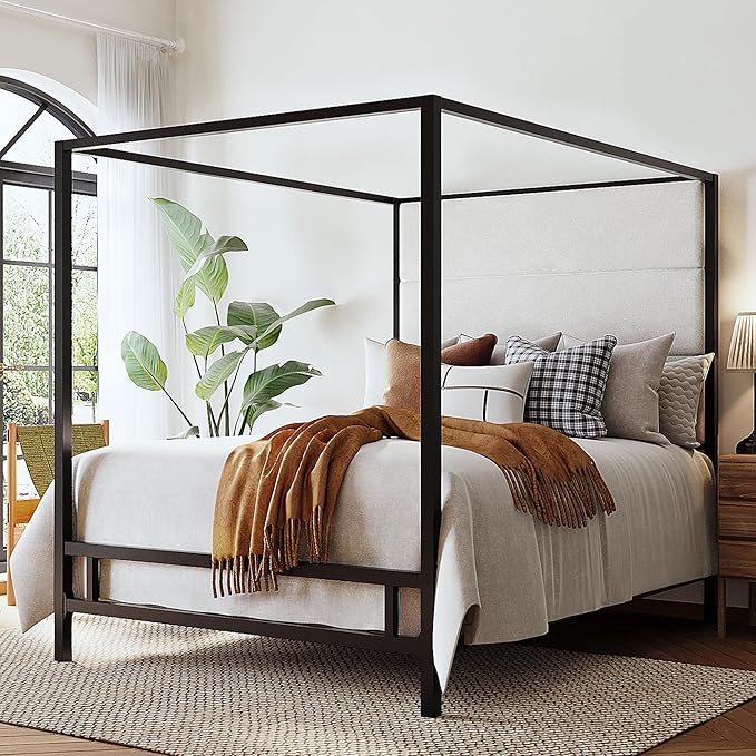 Merax Queen Size Modern Canopy Bed Frame, with Tall Linen Fabric Upholstered Headboard Metal 4-Poster, Box Spring Needed, Black + White
