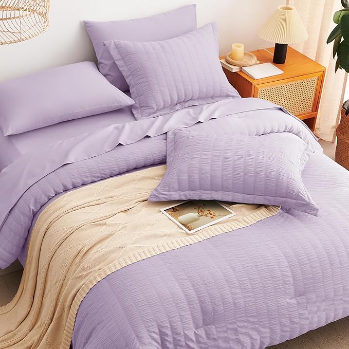 CozyLux Queen Seersucker Comforter Set with Sheets Light Purple Bed in a Bag 7-Pieces All Season Lavender Bedding Sets with Comforter, Pillow Sham, Flat Sheet, Fitted Sheet, Pillowcase