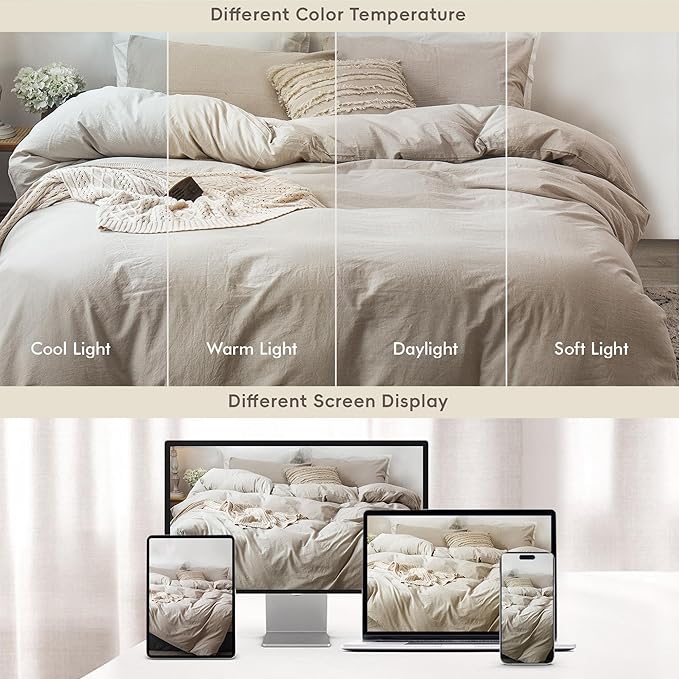 MooMee Bedding Duvet Cover Set 100% Washed Cotton Linen Like Textured Breathable Durable Soft Comfy (Heathered Tannish Linen Grey, Palatial King/Oversized King 120"x98")